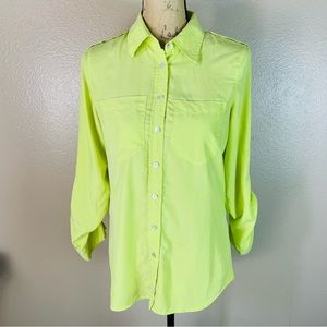 Green Neon Blouse Top Size 0 Chico’s Summer Button Up Modal Long Sleeve Beach